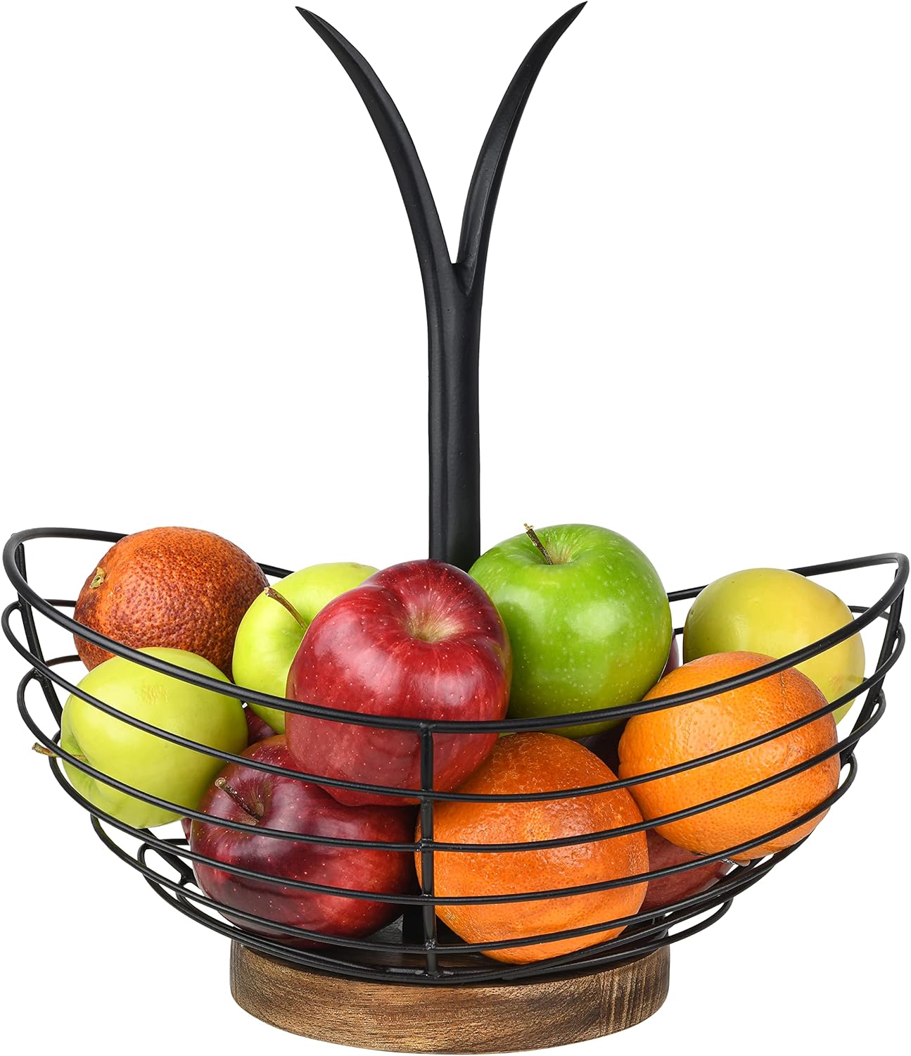 Modern Farmhouse Fruit Basket with Banana Holder for Kitchen Counter, Vintage Wire and Wooden Base Fruit Bowl & Banana Hanger for Kitchen Countertop Decor, Banana Tree & Fruit Stand