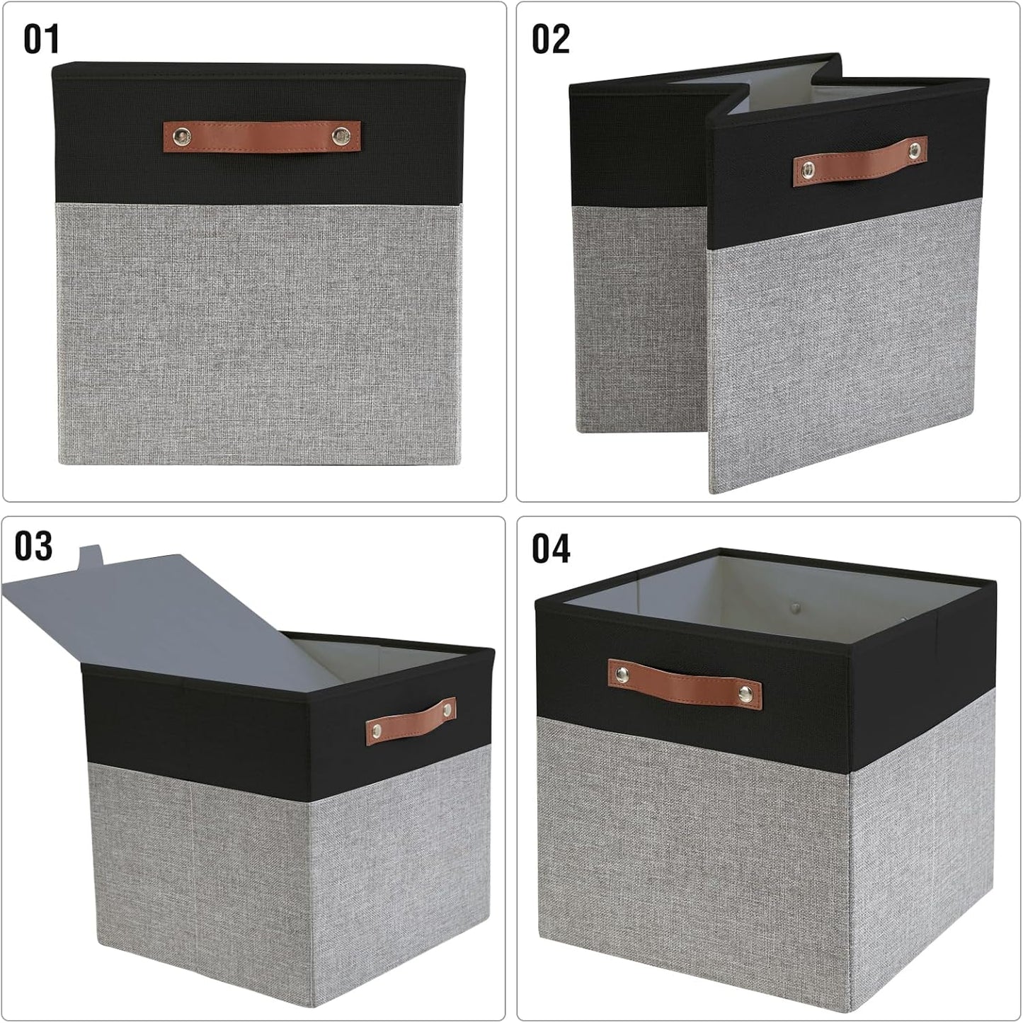 Collapsible Fabric Storage Cube Bins with 2 Reinforced PU Handles, Foldable Storage Organizer Baskets for Closet, Shelves, Living Room | 11"x11"x11", 4 Pack, Black & Gray