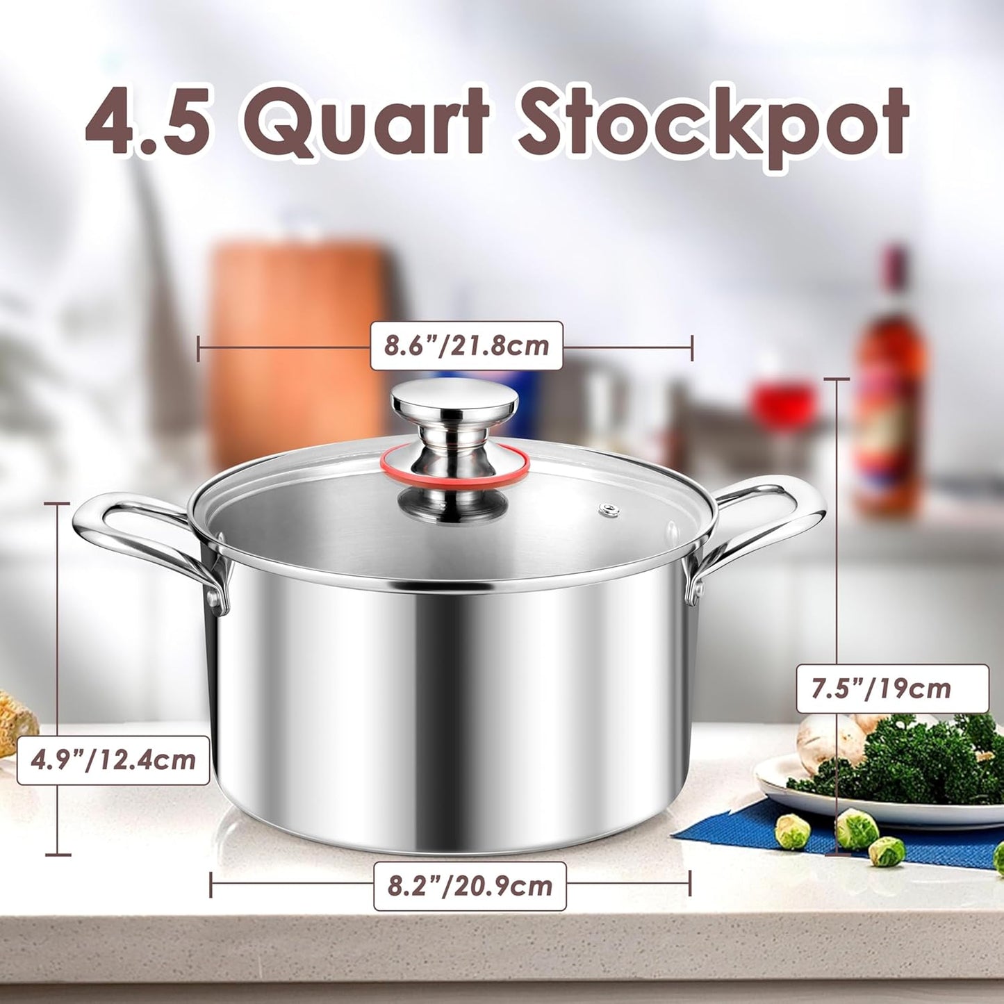 Herogo 4.5 Quart Stock Pot, Tri-Ply Cooking Pot with Lid, 18/10 Stainless Steel Pasta Stockpot with Handles, 4.5 QT Stockpot for Induction Electric Gas Stove, Dishwasher Safe