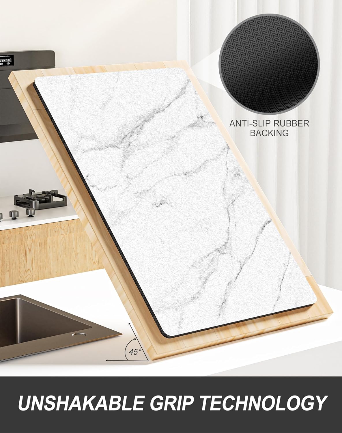 Rnivvi Dish Drying Mat for Kitchen Counter, XL 15 x 24" Cute Marble Super Absorbent Draining Pad, Non-Slip Heat Resistant Coffee Bar Mats for Coffee Machine Station Accessories, White Dish Rack Pad