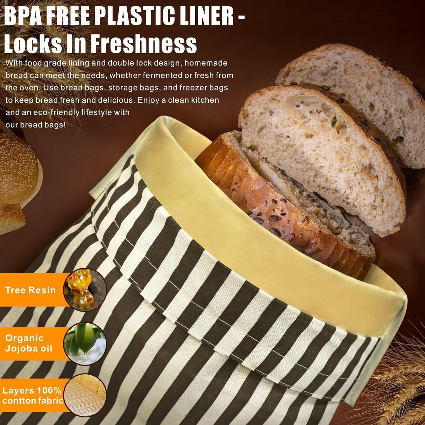 Mosucoirl Beeswax Bread Bags 2 Pack, Reusable Bread Storage Boxes for Homemade Sourdough, Cotton Food Bags Loaf Containers to Keep Fresh Large (Striped Grid)