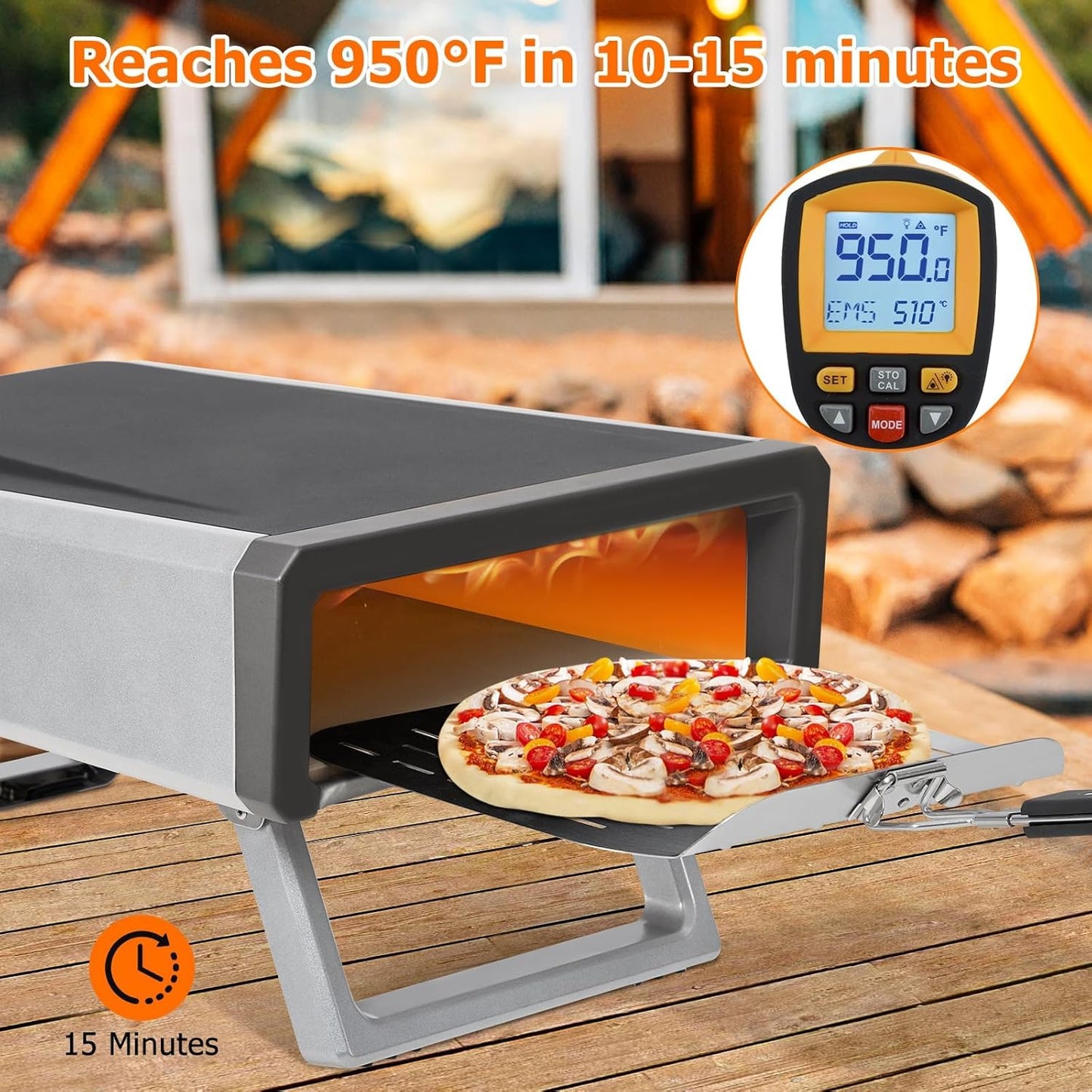 12" Portable Propane Pizza Oven - Heats to 950°F in 15 Mins, Cooks in 60 Secs - With Pizza Stone for Backyard, Camping & Outdoor Kitchen