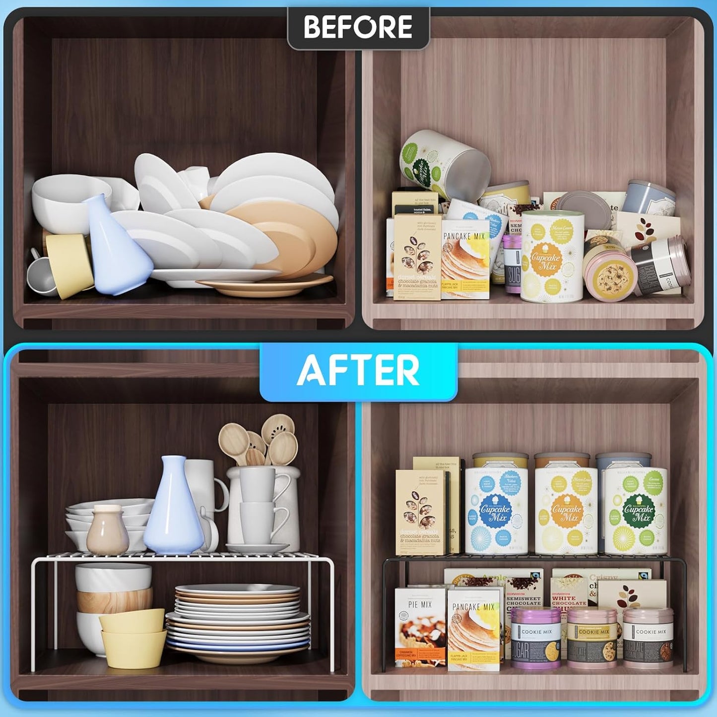 Large(15.7 x 9.4 inch)White Cabinet Storage Shelf Rack Set of 2, Rustproof Metal Wire Kitchen Counter Organizers and Storage, Spice Organization for Cabinet, Plate, Dish, Pantry, Bathroom, Fridge