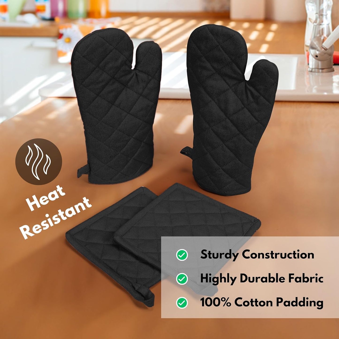 Native Fab Pot Holders and Oven Mitts Sets for Kitchen Heat Resistant - Hanging Non-Slip - 100% Cotton Kitchen Oven Mitts and Pot Holders 4-Piece Set - Black