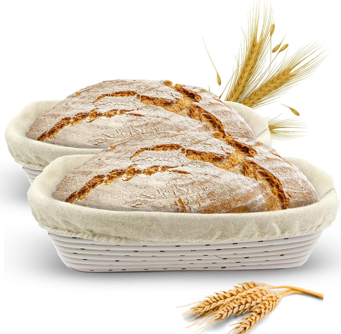 Banneton Bread Proofing Basket Sourdough Proofing for Beginners & Professional Bakers, Handwoven Rattan Cane Bread Maker w/Linen for Artisan Breads, 12.25 x 6 x 3.5 Inch, 2-Lb Rectangular - Set of 2