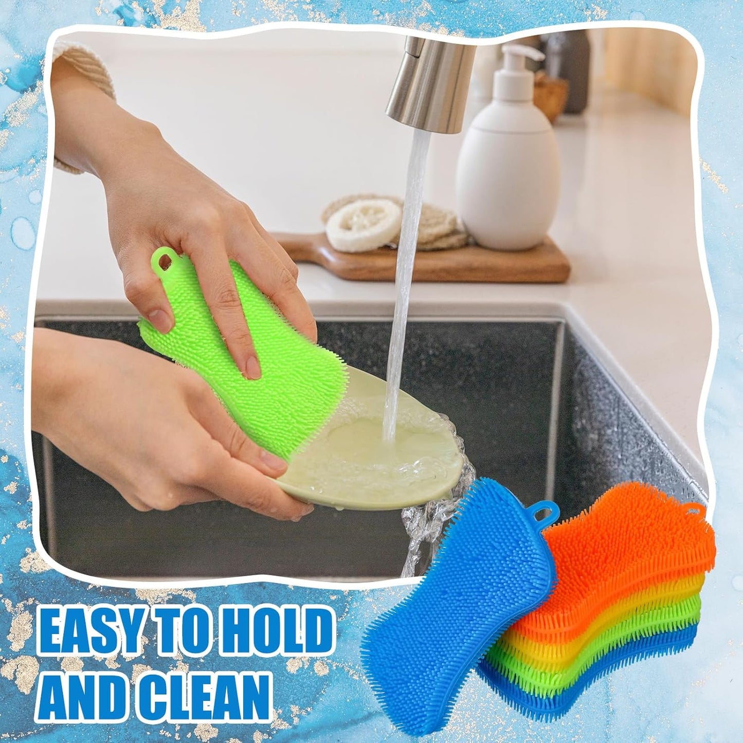 Patelai 10 Pieces Silicone Dish Sponge Silicone Scrubber Reusable Kitchen Scrubbing Cleaning Sponge Soft Dish Scrubber for Fruit Vegetable (Hanging Brush)