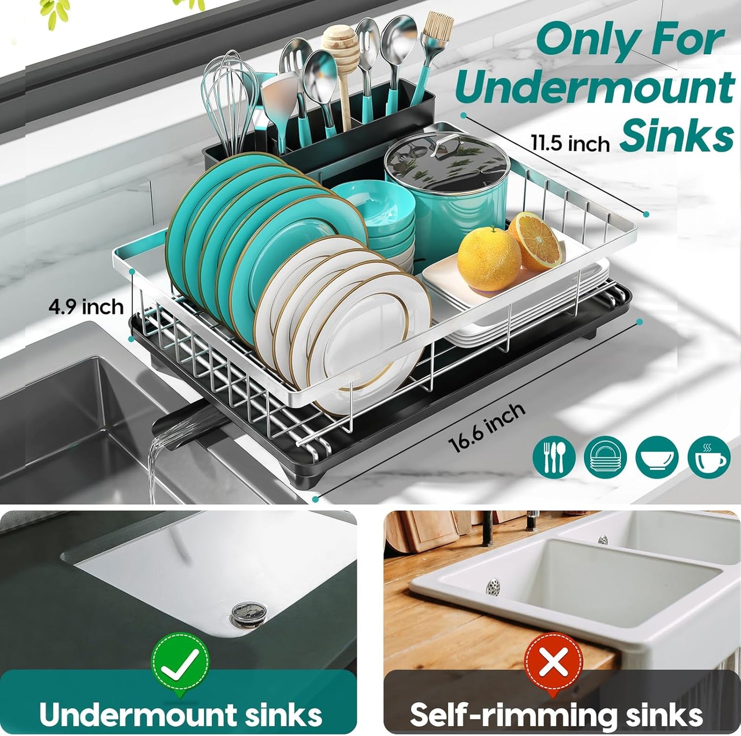 MERRYBOX Stainless Steel Dish Drying Rack for Kitchen Counter Sink，Rustproof Stainless Steel Dish Rack with Large 3-Compartment Utensil Holder