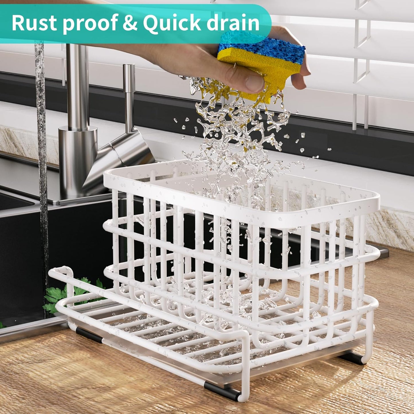 HapiRm Sink Caddy Sponge Holder - Kitchen Sink Organizer with Drain Tray, SUS304 Stainless Steel Rustproof Sponge Caddy Storage for Kitchen Countertop- White