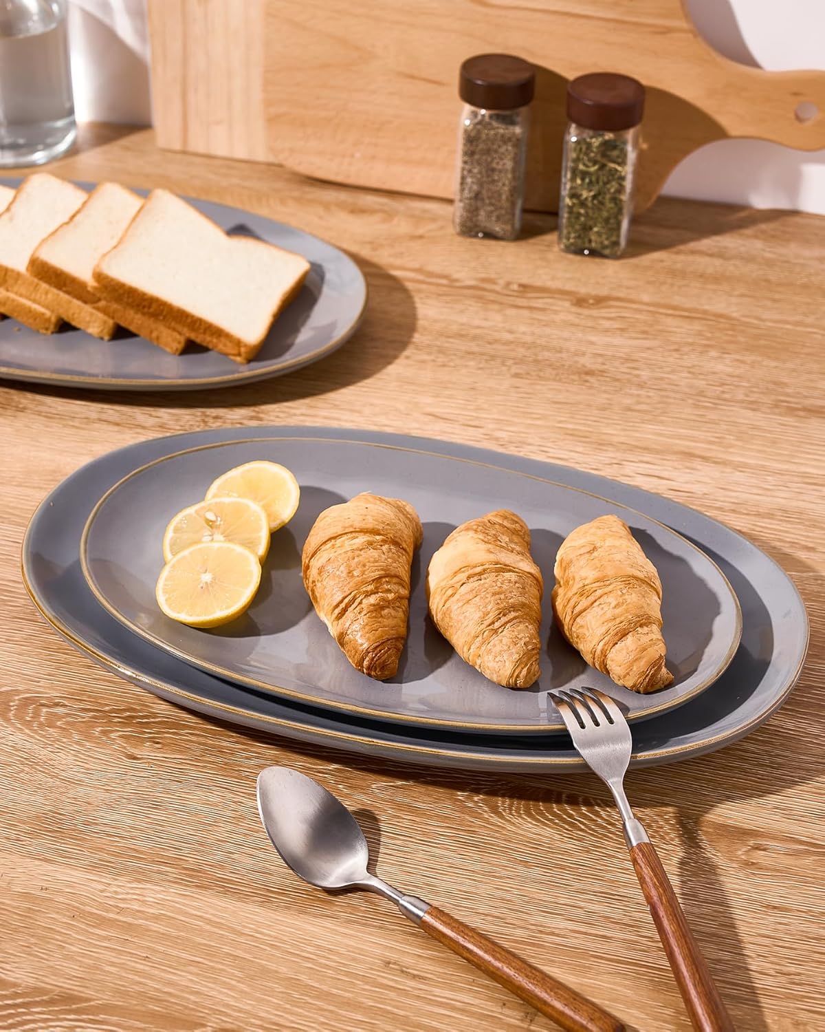 famiware Serving Platter, Oval 15.59/14.3/12.9 inch Serving Dishes for Entertaining, Serving Bowls, Microwave Safe, Fine Stonware Serving Trays for Party, Turkey, Cheese, Ocean Series, Dark Grey