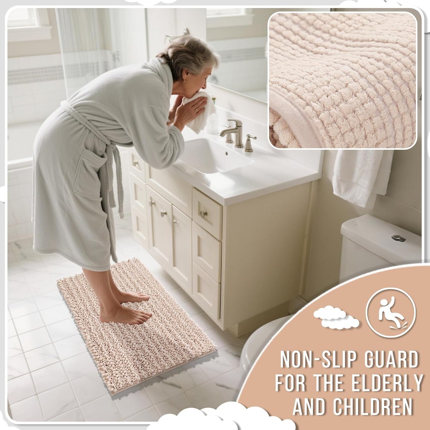 Yimobra Bathroom Runner Rug 60x24 Inch - Extra Long Non Slip Chenille Bath Mat, Soft & Absorbent, Machine Washable Shaggy Hallway Carpet for Vanity Tub Shower, Pinkish Beige Home Decor Accessories