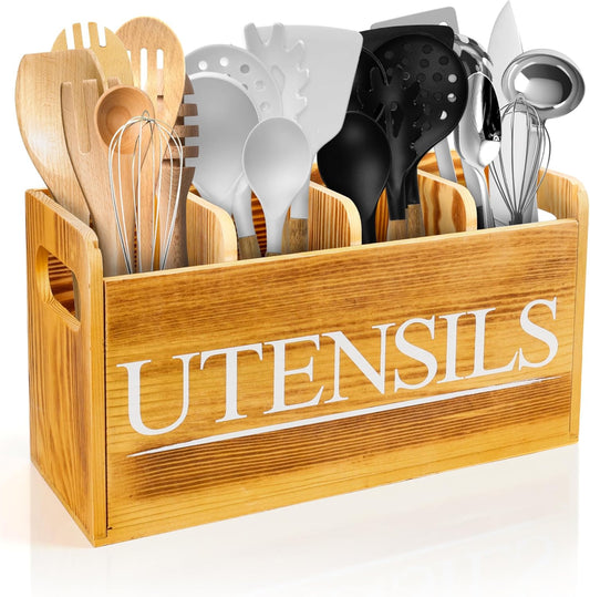 Kitchen Utensil Holder for Kitchen Counter Large Wooden Organizer for Cooking Utensils Utensil Holder Counter Farmhouse Décor (Farmhouse Wooden)