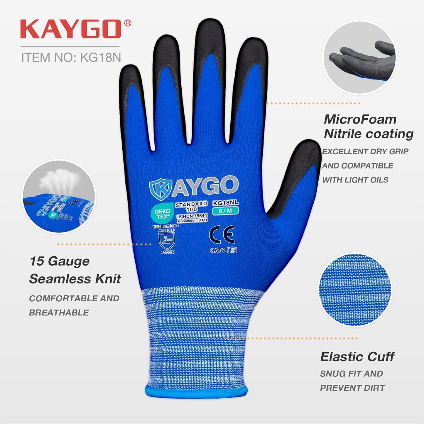 KAYGO Safety Work Gloves MicroFoam Nitrile Coated-3 Pairs, KG18NB,Seamless Knit Nylon Glove with Black Micro-Foam Nitrile Grip,Ideal for General Purpose,Automotive,Home Improvement,Blue XX-Large
