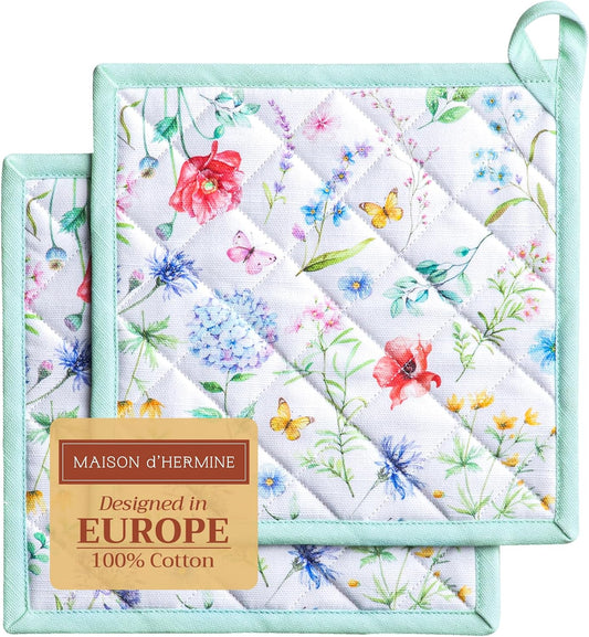 Maison d' Hermine Pot Holders Set 100% Cotton Heat Resistant Potholders 8" x 8" Hot Pads with Loop BBQ, Cooking, Baking, Grilling, Kitchen, Handling Hot Pans Spring/Summer (Pack of 2, Just Floral)