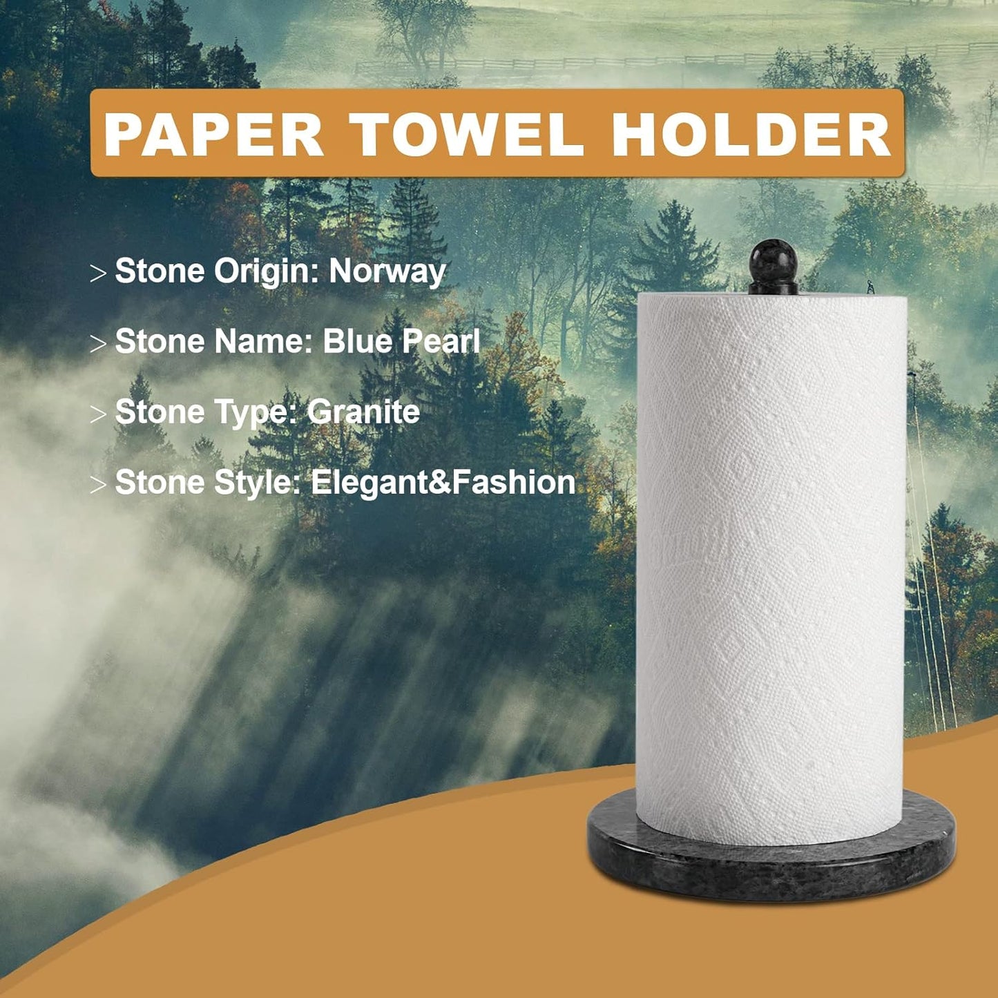 Koville Norwegian Natural Granite Paper Towel Holder Countertop, Genuine Stone Paper Towel Holder Stand for Kitchen Organization/Storage, Fit for Standard or Jumbo-Sized Rolls(Blue Pearl)