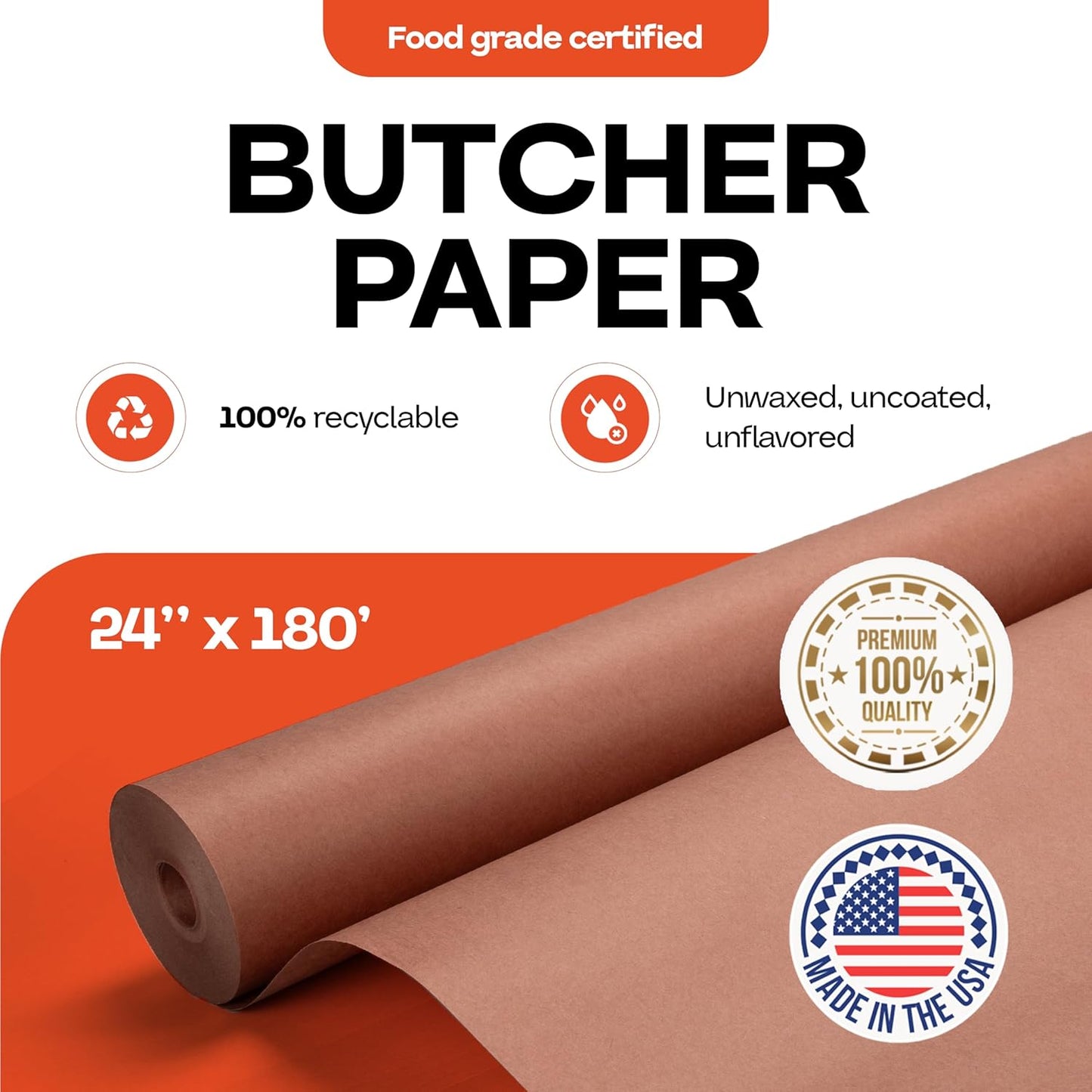 Peach Butcher Paper 24" x 2160" (180 feet) - USA-Made Natural Butcher Paper Roll for Meat and Fish - Uncoated, Unwaxed & Food-Grade Material for Smoking Meat, Grilling & BBQ by IDL Packaging