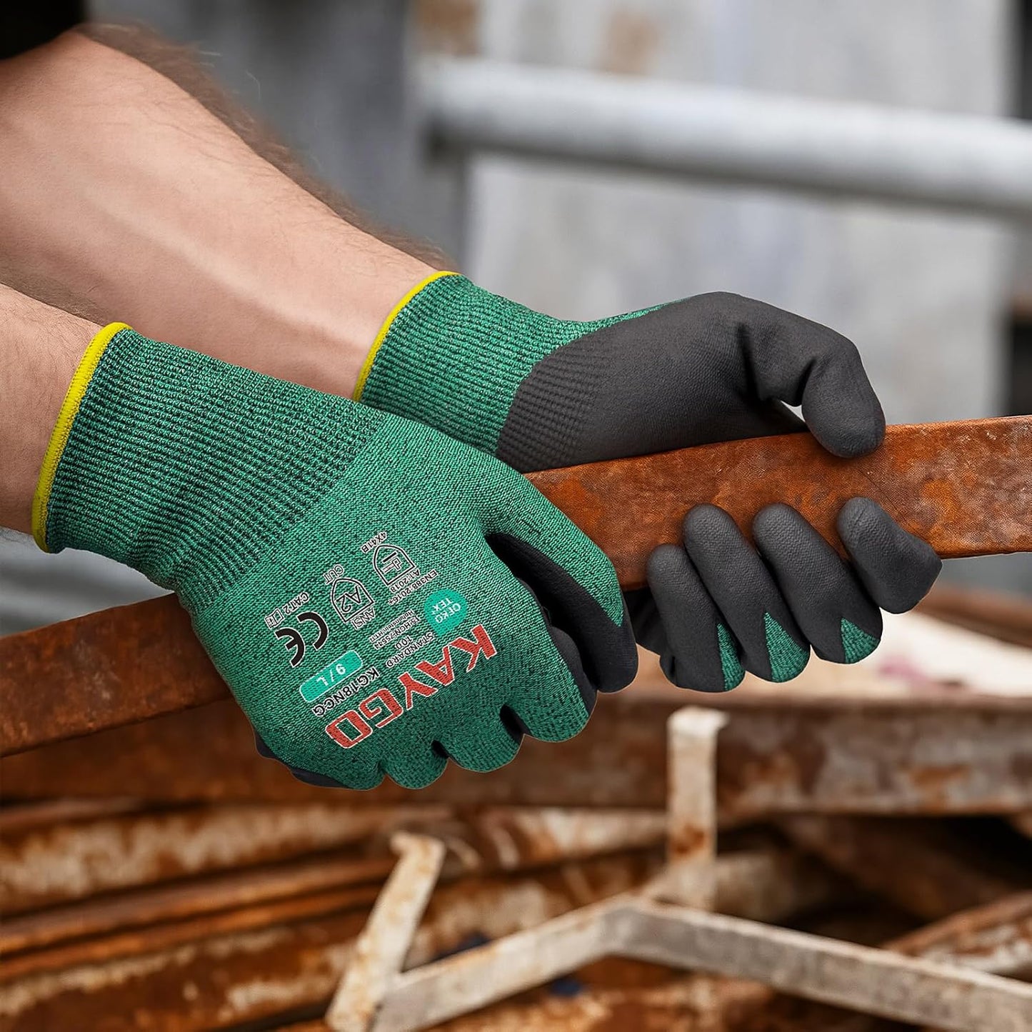 KAYGO Safety Work Gloves MicroFoam Nitrile Coated, 3 Pairs KG18N, Cut Resistant Glove with Abrasion and Oil Resistant Grip, ANSI Cut Level A2, M, Green