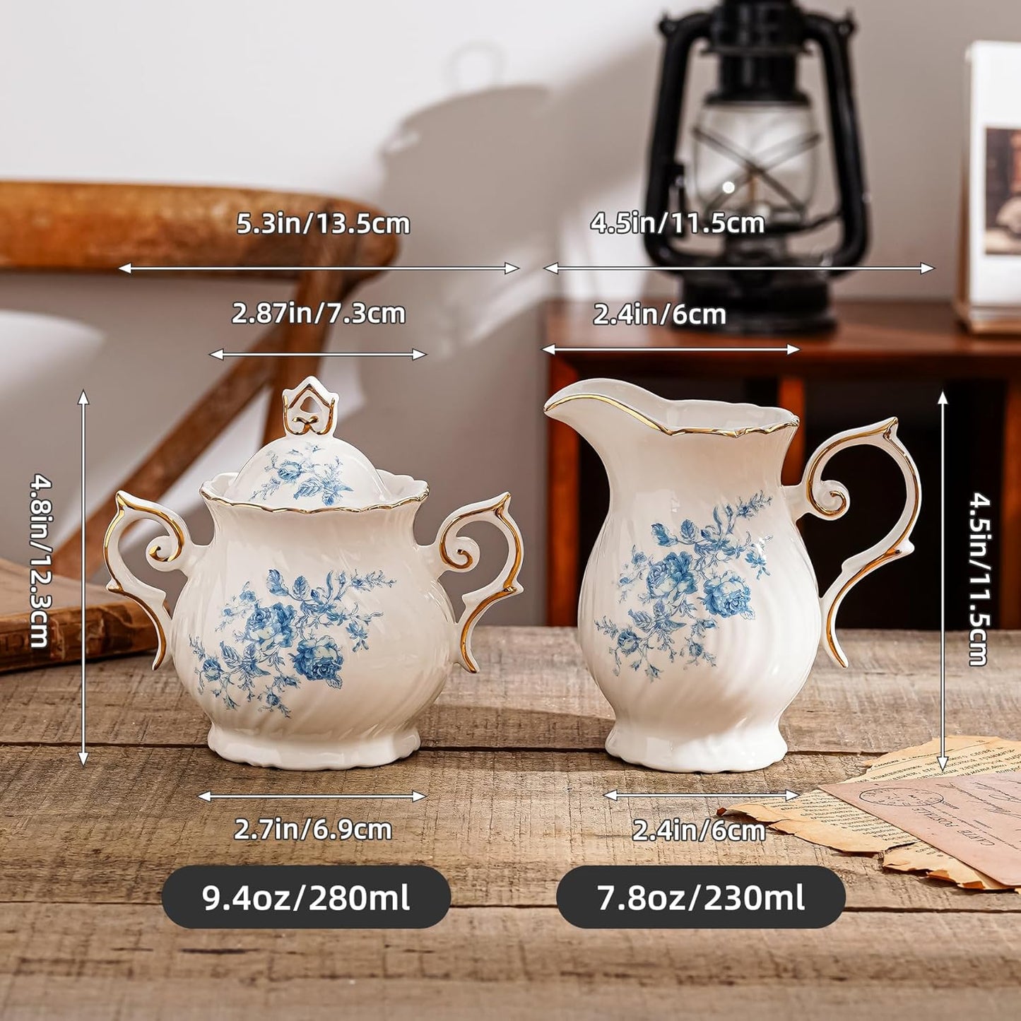 Sugar and Creamer Set Ceramic, Creamer Pitcher and Sugar Bowl with Lid,Sugar Cube Dish Coffee or Tea (White with blue flower)