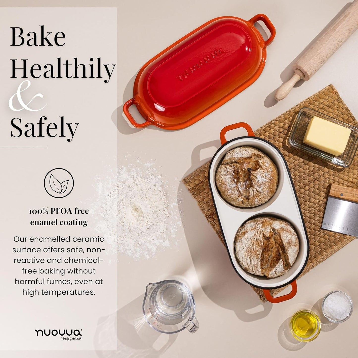 nuovva Dutch Oven For Sourdough Bread Baking – Enamelled Cast Iron Bread Loaf Pot – 500°F Oven Safe Non Stick Bread Pot – Double Round Loaf Space, 16.5cm Diameter, Orange