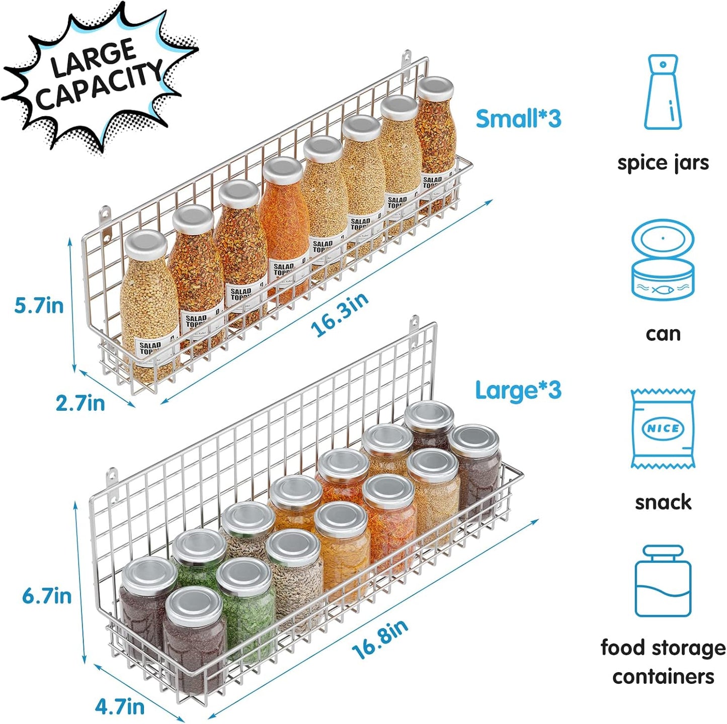 JKsmart Spice Rack Organizer 6-Tier Wall Mounted & Over the Door Spice Racks for Kitchen Pantry Bathroom,Two Size, Large Capacity, Silver