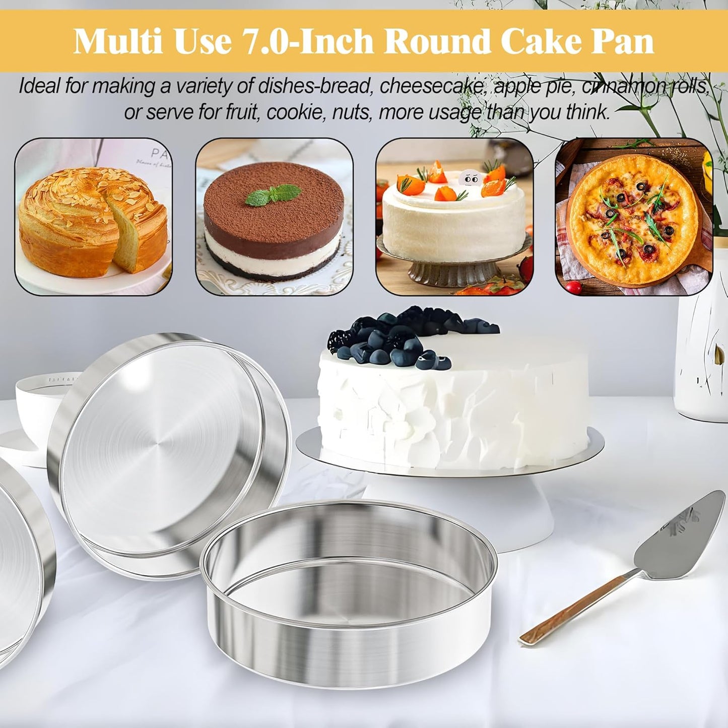 7 Inch Round Cake Pans Set of 3, Nonstick Stainless Steel Baking Pans Set with 100PCS Parchment Papers, Heavy Duty Durable Birthday Wedding Circle Layer Cake Pans Sets for Baking, Dishwasher Safe