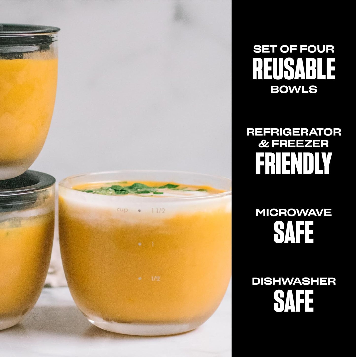 S'well 12oz Glass Prep Bowl Set of 4 for Easy Meal Prep, Black, Durable Tempered Glass, Nesting Design Compatible with 21.5oz S'well Eats Containers