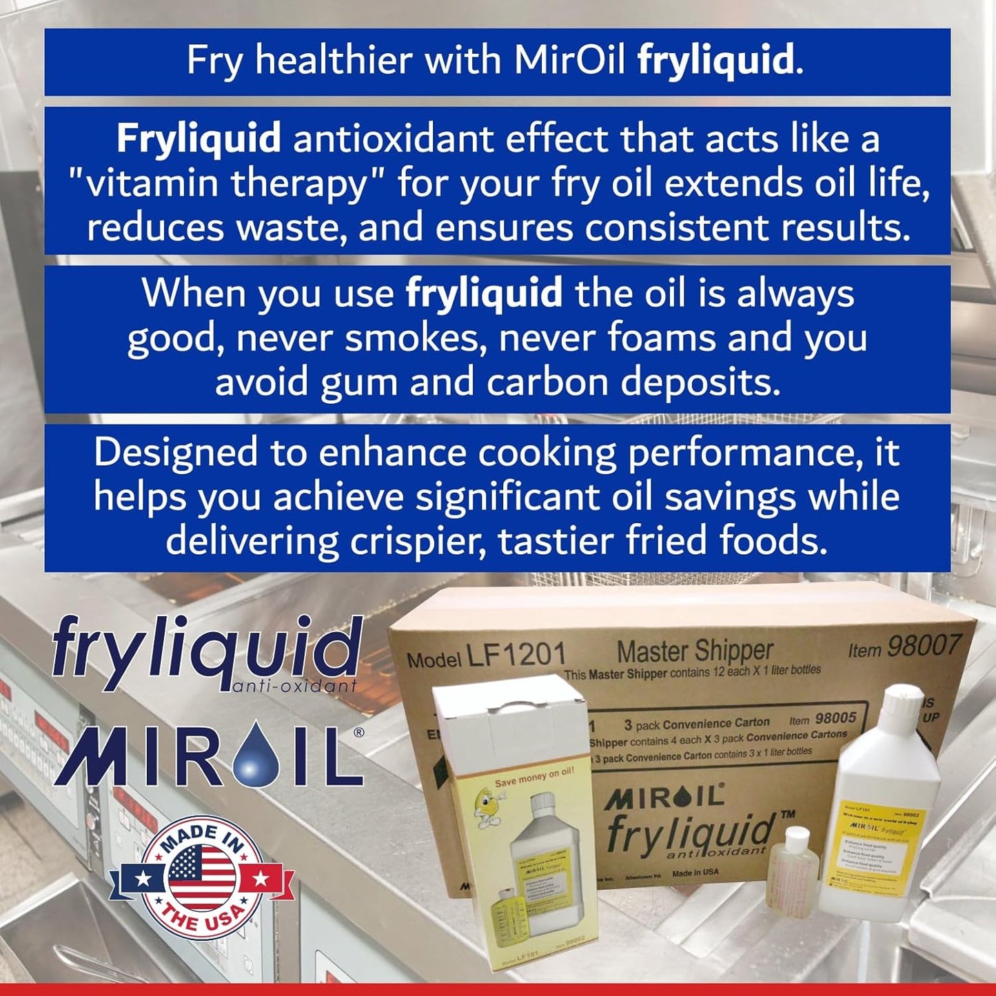 3 x 1 Liter Bottle FryLiquid by MirOil, Antioxidant & Removes Unhealthy Fats, Prevents Breakdown, Vitamin Therapy & Extends Deep Fryer Oil Life for Donut Shops, Restaurants, Food Trucks & Food Service