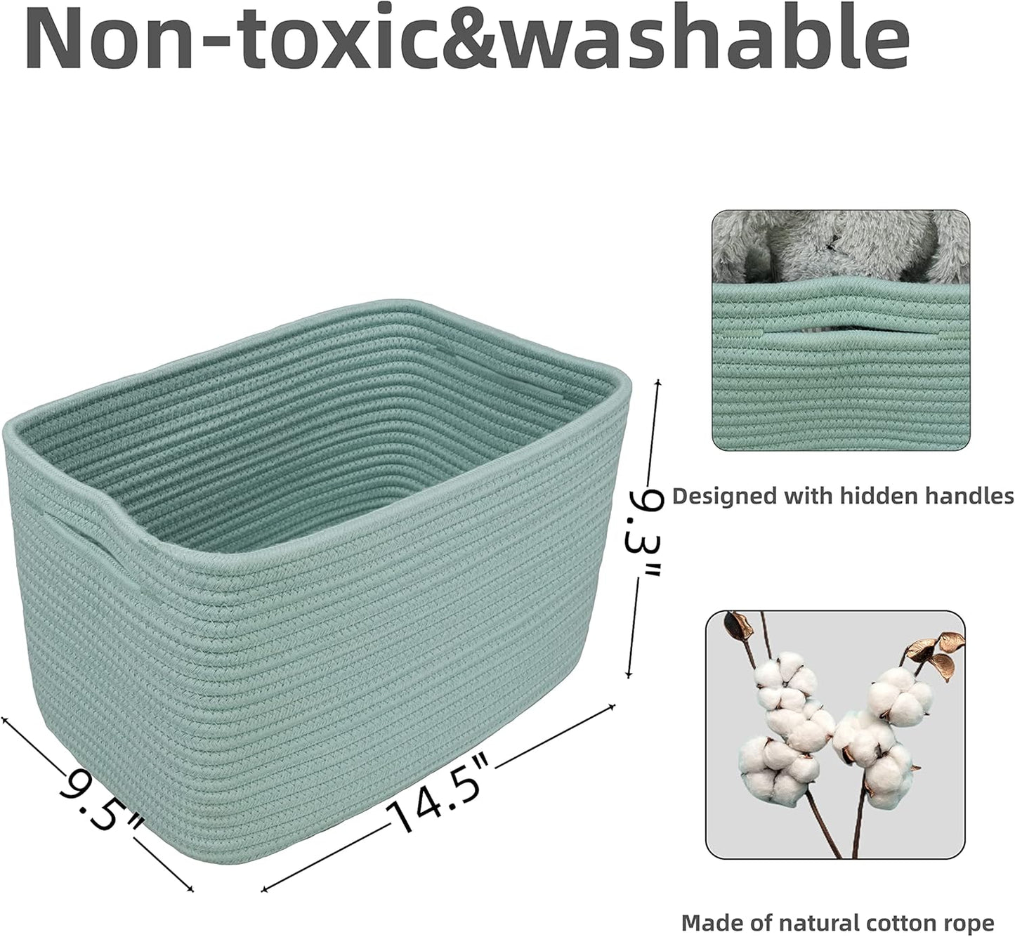 Cotton Rope storage Basket Bins Woven Basket for Organizing Shelves Rectangle Decorative Baskets For storage Clothes Toys Books Towels Square Wicker Nursery basket organizer 3 pack Green