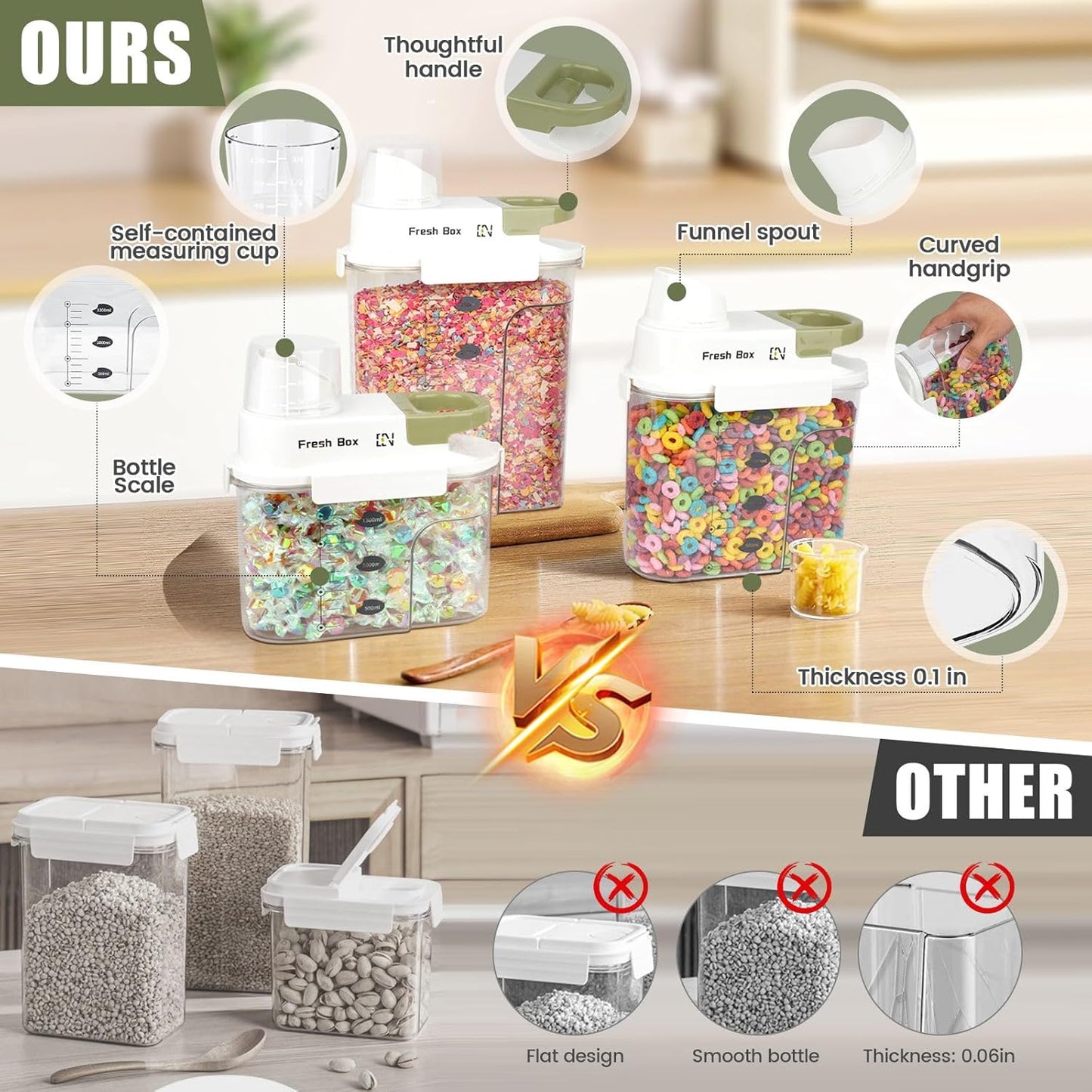 Cereal Storage Container 2Pack,85oz/2.5L Airtight Food Storage Containers With Lids,Organizers Storage With Measuring Cup for Beans,Sugar,Rice,Nuts,Snacks,Pet Food,Candy