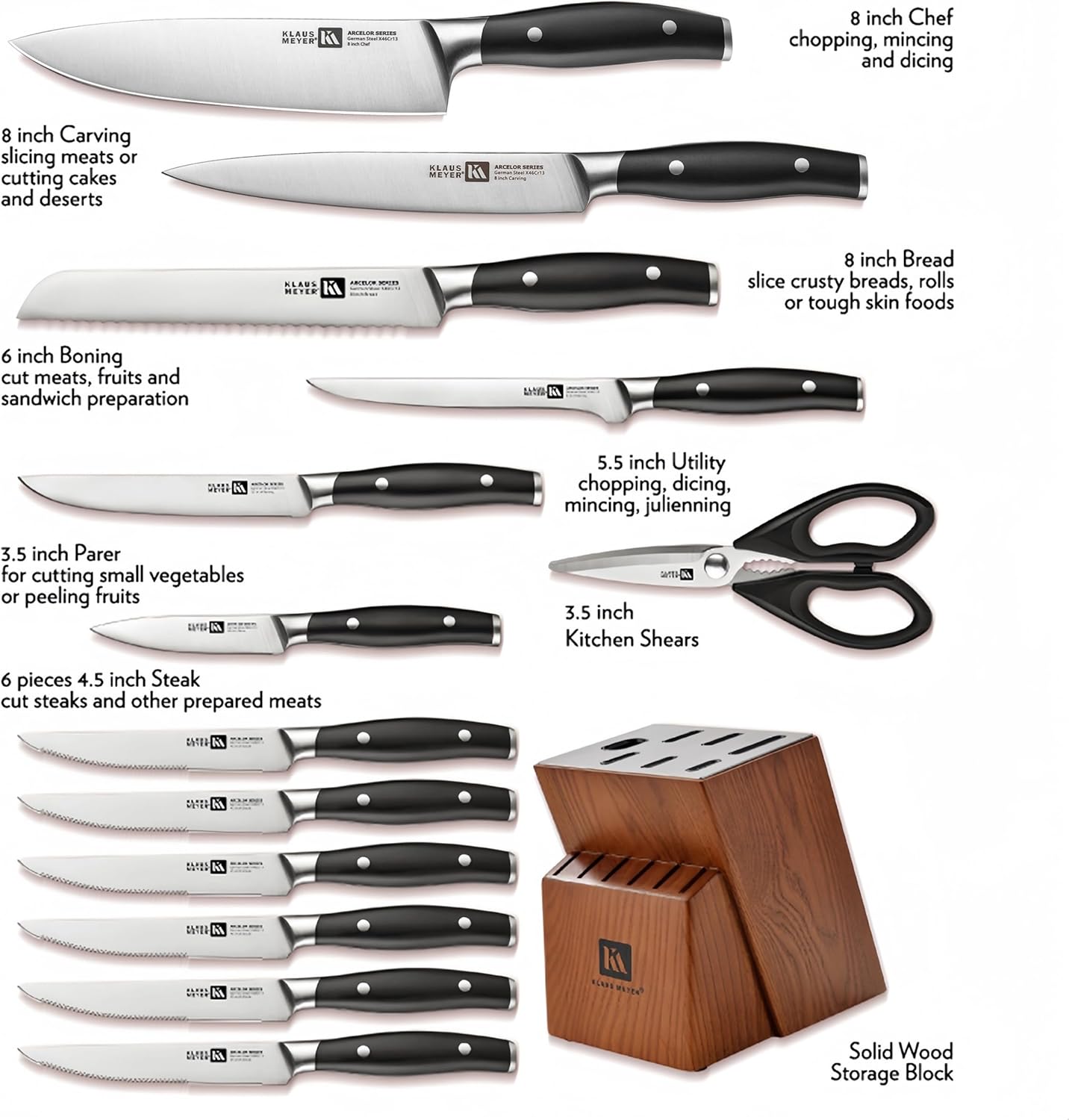 Arcelor 14 Piece Exclusive German Steel Non-Slip Handles Knife Set with Solid Wood Block …