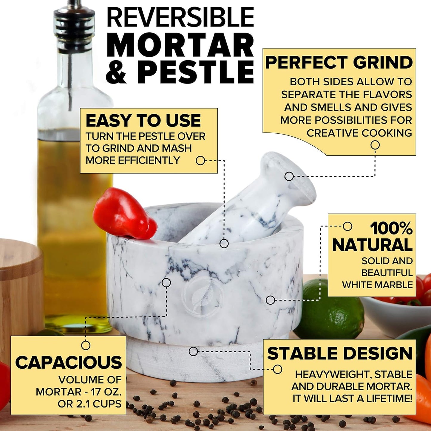 Laevo White Marble Mortar and Pestle Set - Heavy Duty Stone Spice Grinder - 2.1 Cup Capacity, 5.5-Inch Reversible Mortar and Pestle Set for Guacamole, Pesto, Spices - Large