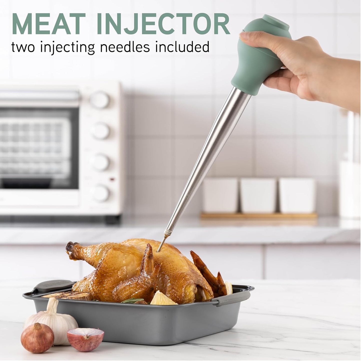 COOK WITH COLOR Turkey Baster with Cleaning Brush - Food Grade Syringe Baster For Cooking, Deluxe Set, Sage