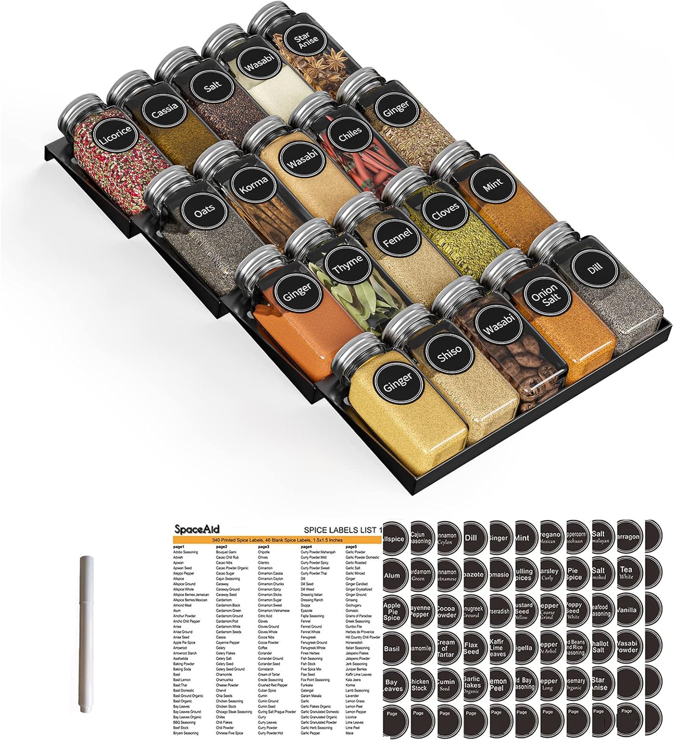 SpaceAid Spice Drawer Organizer with 20 Spice Jars, 386 Spice Labels, 4 Tier Seasoning Rack Tray Insert for Kitchen Drawers, 9-1/2" Wide x 17-1/2" Deep