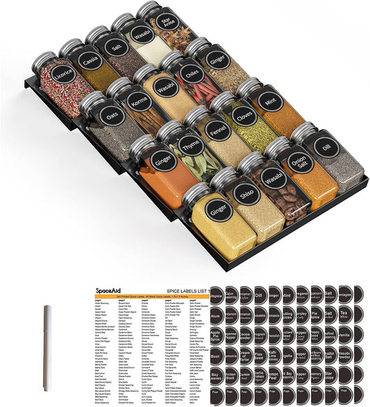 SpaceAid Spice Drawer Organizer with 20 Spice Jars, 386 Spice Labels, 4 Tier Seasoning Rack Tray Insert for Kitchen Drawers, 9-1/2" Wide x 17-1/2" Deep