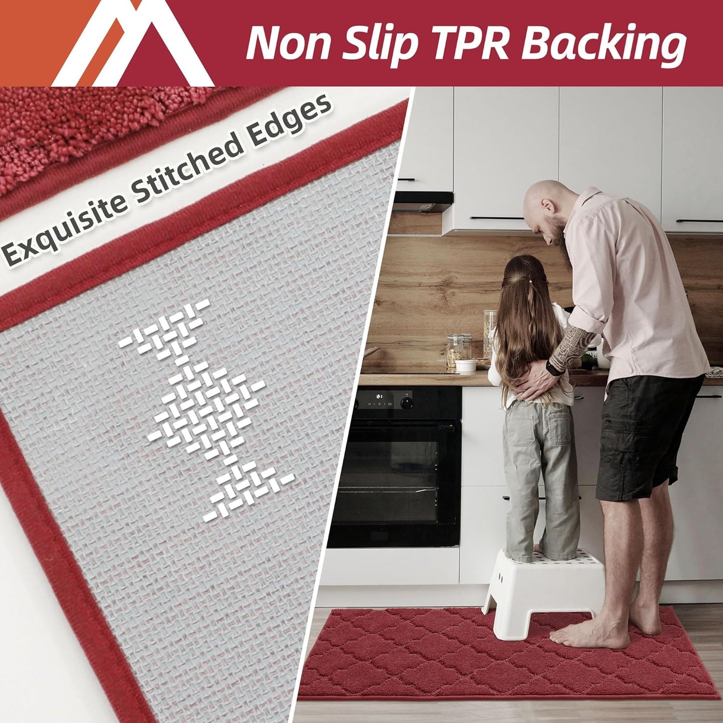 COSY HOMEER Soft Kitchen Rugs [2 PCS] for in Front of Sink Super Absorbent Kitchen Floor Mats and Mats 24x35 Inch/24X60 Non-Skid Kitchen Mat Standing Mat Washable,Polyester,Red