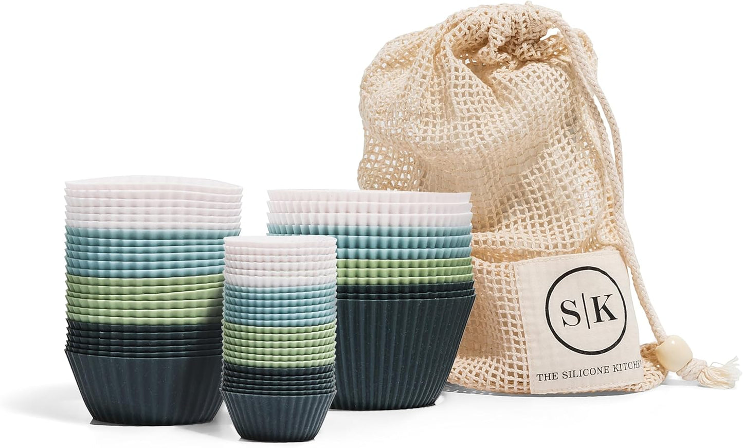 The Silicone Kitchen Reusable Silicone Baking Cups Gift Set Bundle, 24 Regular, 12 Jumbo, 24 Mini, Blue, Green, White