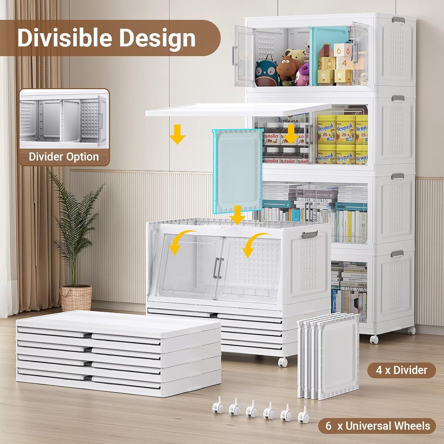 52.7"H 150Gal Plastic Storage Bins with Lid & Wheels,3Pack Extra Large Stackable Storage Bins with Dividers,Closet Organizers and Storage Cabinet Shelves Collapsible Box for Home Kitchen,White