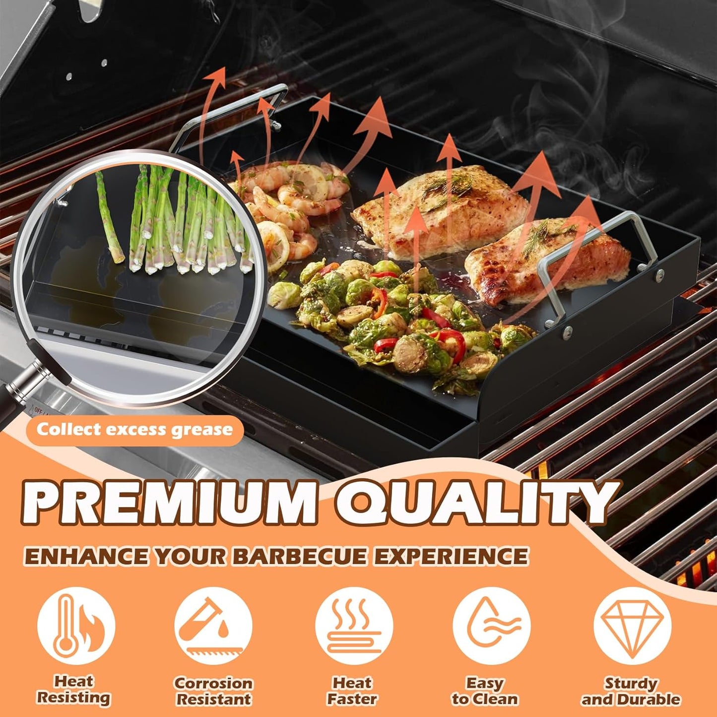 Flat Top Griddle Insert for Outdoor Gas Grill, Universal Cast Iron Griddle for Charcoal Grill, 17" x13" Nonstick Coating Plate with Handle & Grease Groove, for Camping Tailgating