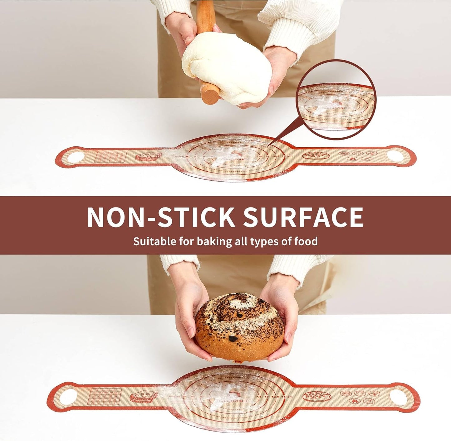 Silicone Sourdough Bread Sling Mat - 2Set Round Dough Baking Slings For Dutch Oven, NonStick High Degree Kitchen Sourbread Making Loaf Pan Lifter Liner, Reusable Cooking Transfer Mats with Long Handle