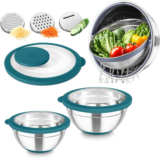 TeamFar Mixing Bowls with Colander Set, Stainless Steel Strainer and Nesting Salad Bowls, with Lids & 3 Graters, Non-Slip Bottom & Visible Lid, Rotatable & Dishwasher Safe, 4.6/3/1.5 QT, Blue
