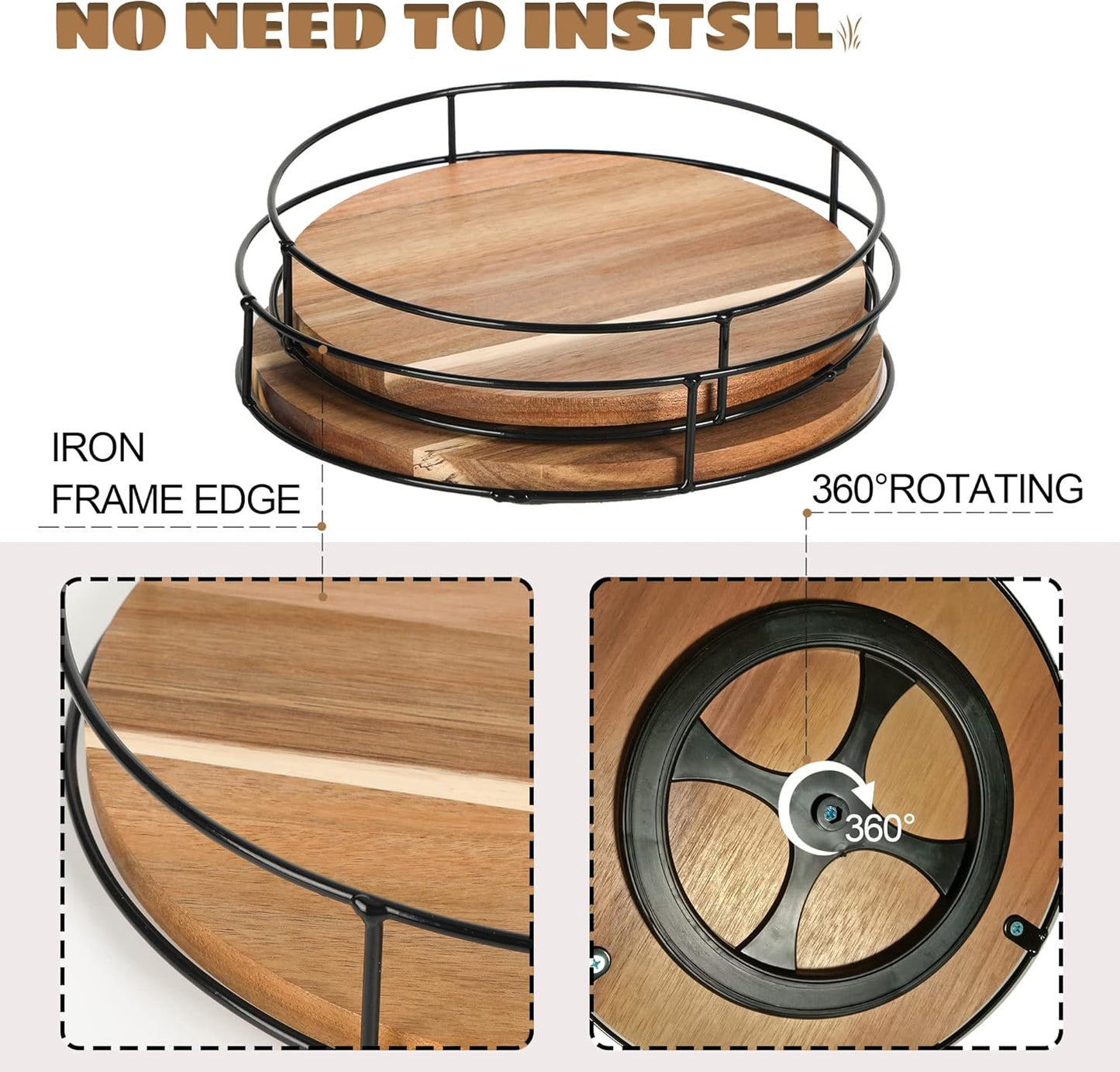 [ 2 Pack ] 9" & 10" Acacia Wood Lazy Susan Organizers with Steel Sides, Lazy Susan Turntable for Cabinet, Kitchen Turntable Storage for Table, Countertop, Pantry