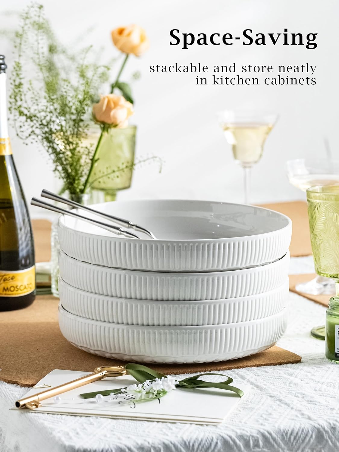 YHOSSEUN 9.75" Pasta Bowls Set of 4, 50 OZ Large Salad Serving Bowls Pasta Plates, White Soup Bowl for Kitchen Meal Prep, Ceramic Shallow Dishes Dinner Bowl, Clover Stripe