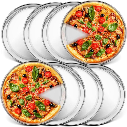 P&P CHEF 10 Inch Pizza Pan, Stainless Steel Round Pizza Tray Baking Pans, Pizzas Plate Serving Tray for Cookie Meat, Oven & Dishwasher Safe & Easy Cleaning, (Mirror Finish) - 8 Pieces