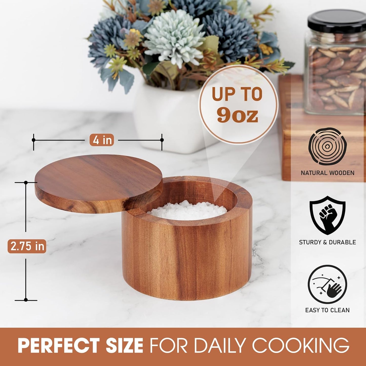 Acacia Salt Cellar 9 Ounces Capacity, Wood Salt Box With Swivel Cover, Spice Keeper, Wood Jar For Kitchen, Perfect For Keeping Table Salt, Gourmet Salts, Herbs or Favorite Seasonings