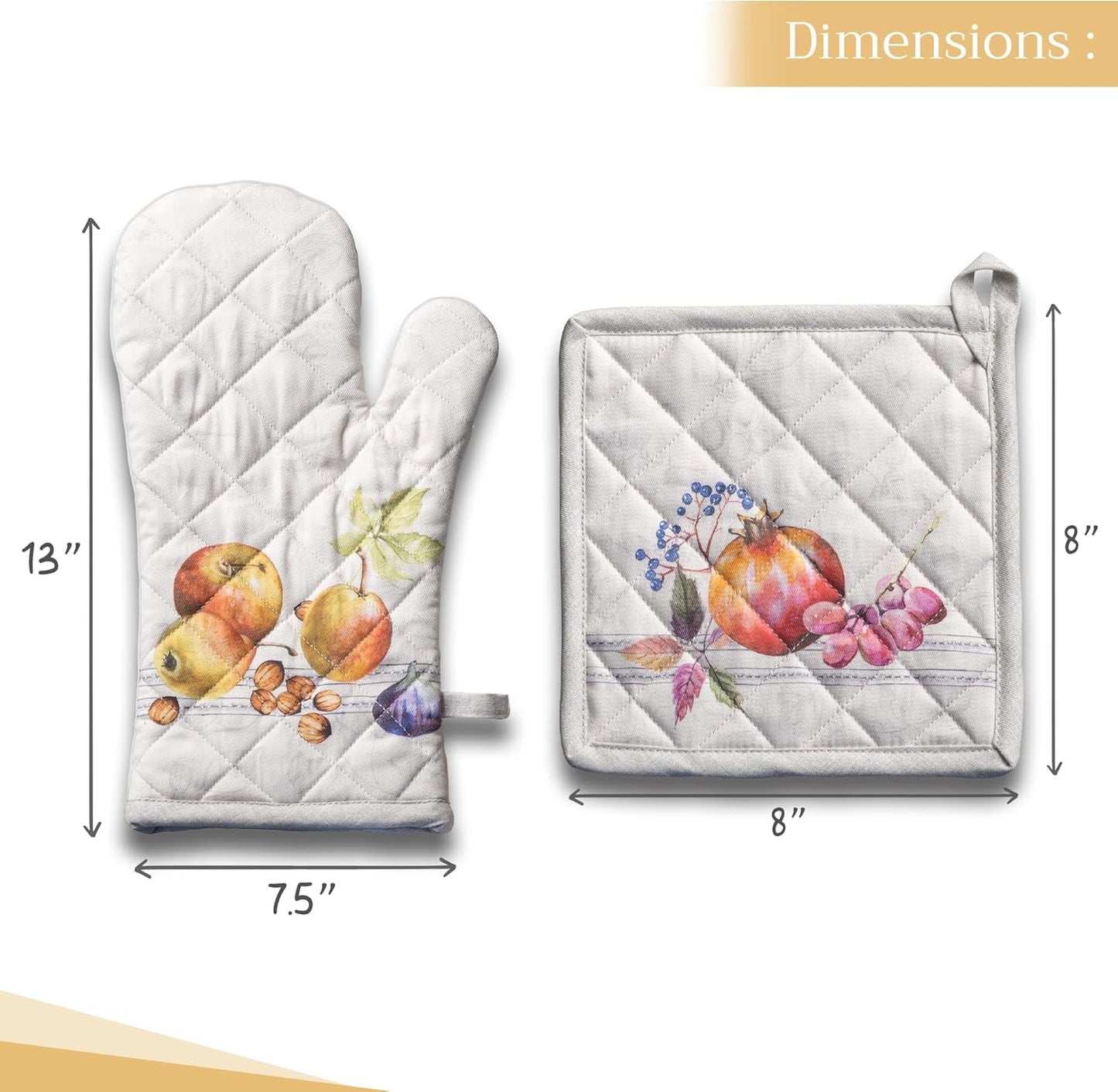 Maison d' Hermine 100% Cotton Oven Mitt & Pot Holder Set (7.5"x13" & 8"x8") Heat Resistant BBQ Cooking Gloves with Loop, Baking, Grilling, Kitchen, Handling Hot Pans (Fruit D'Hiver)