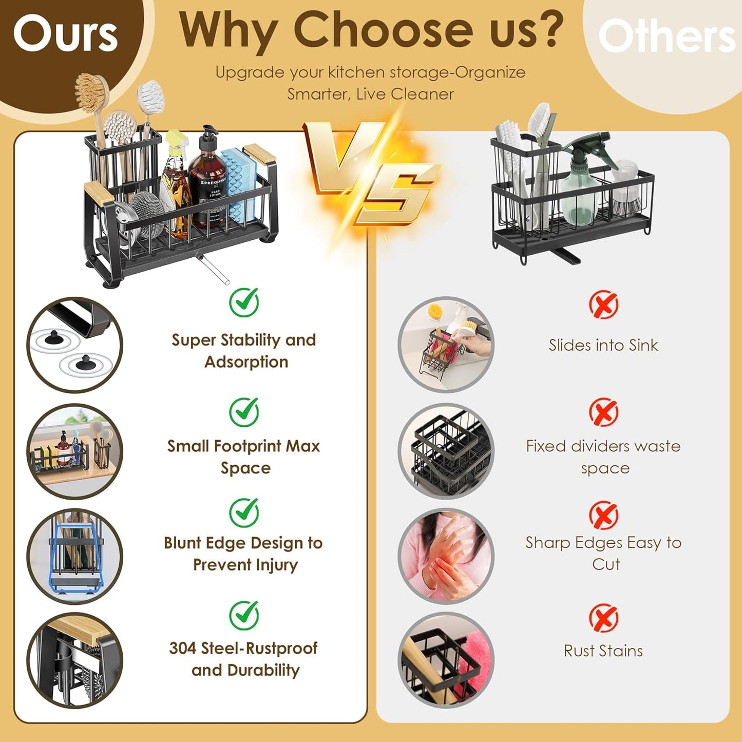 Doasuwish Sponge Holder for Kitchen Sink with Dish Brush Holder, Rustproof 304 Stainless Steel Sink Caddy for Kitchen Countertop Accessories & Storage