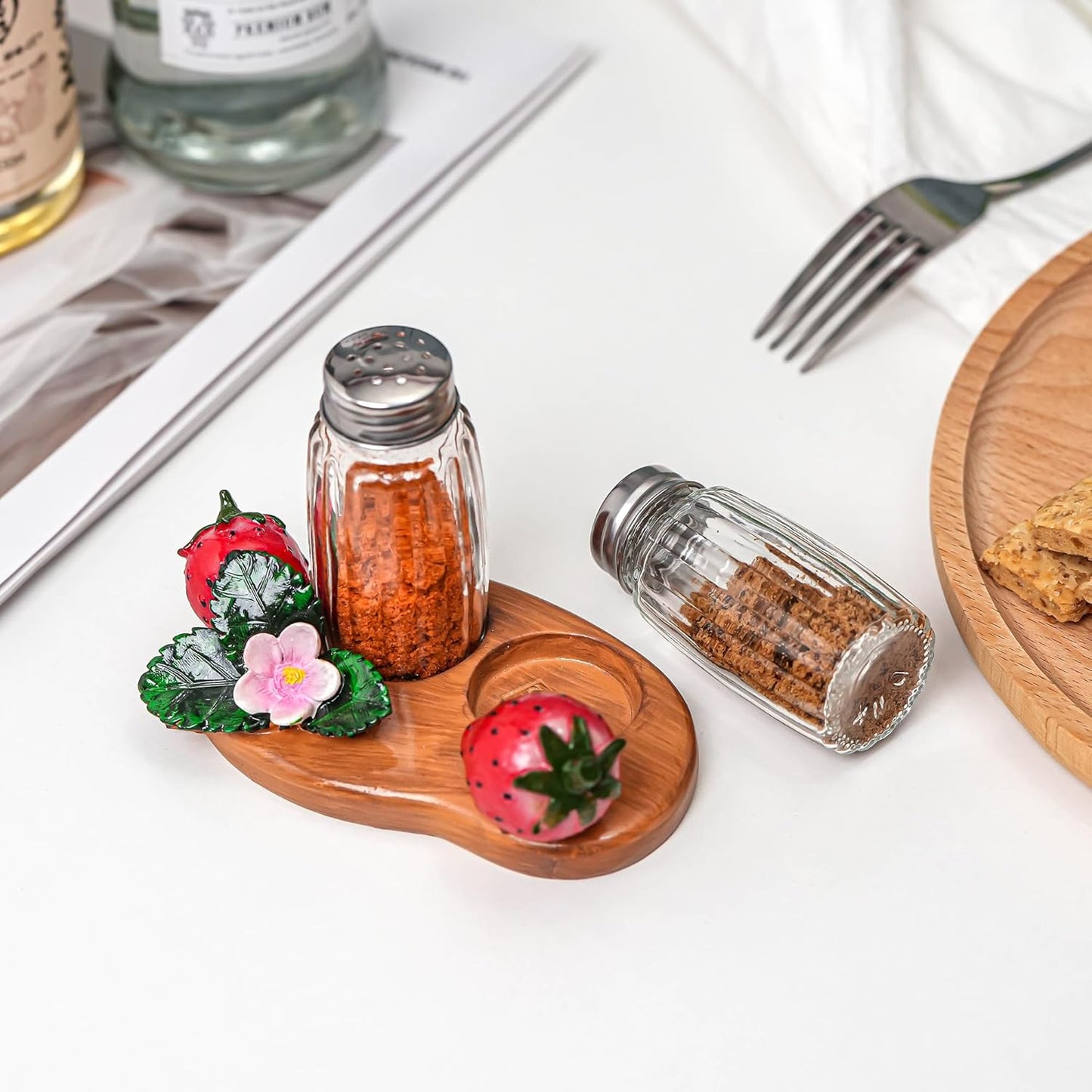 Salt And Pepper Shakers Set Dispenser with Resin Strawberry Figurine And Statues Holder - Glass Spice Jars Included