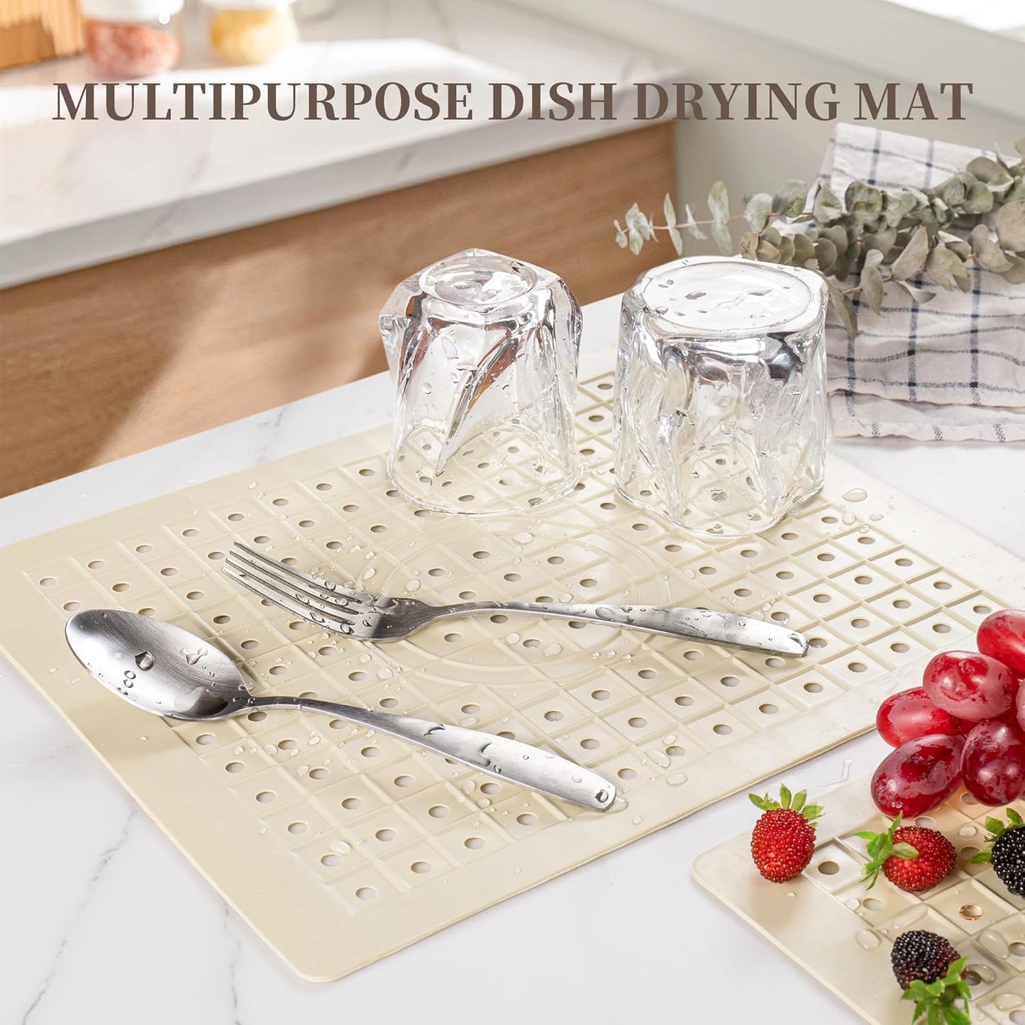 WILLKOMMEN Kitchen Sink Mat, 12" x 10" Rectangular Sink Protector Pad, Fast-Draining Grid Design Liner, Dish Drying Mat 2 Pack Beige