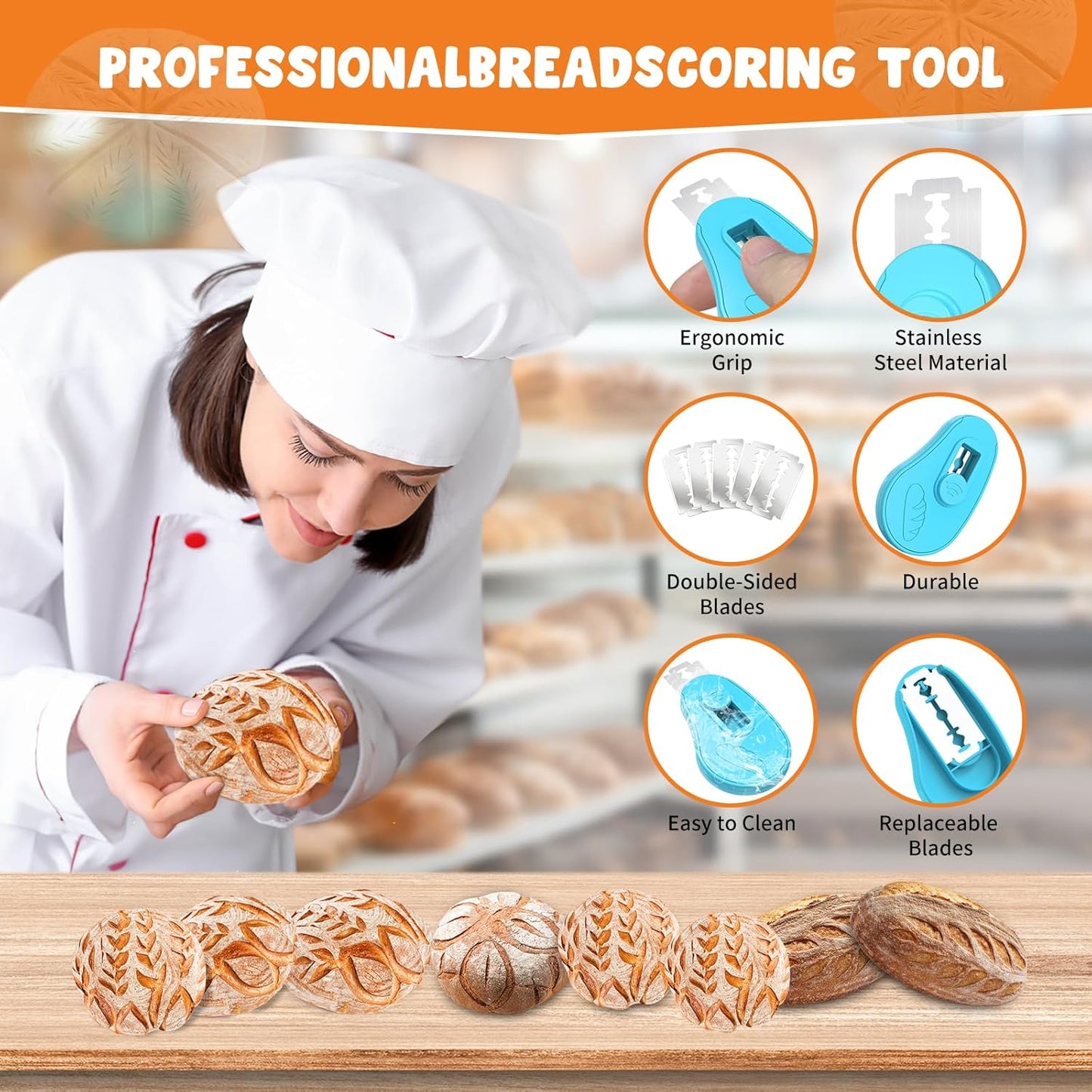 Extractable & Magnetic Bread Lame Dough Scoring Tool - Professional Sourdough Scoring Tool - Sourdough Bread Baking & Bread Scoring Tool - Scoring Patterns booklet & 5 Razor Blades (Blue)