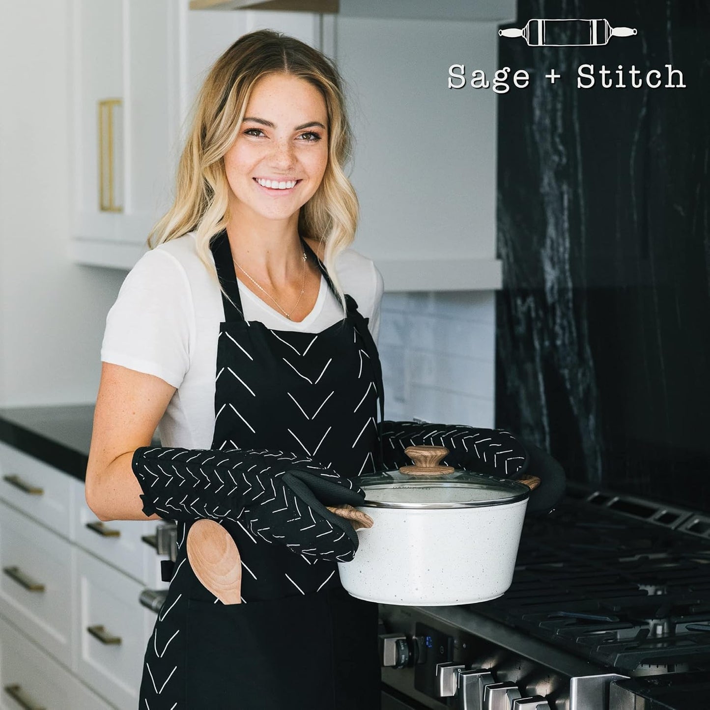 Heat Resistant Designer Kitchen Oven Mitts with Neoprene Non-Slip Grips and Hanging Loops | Set of 2 100% Cotton Long Sleeve Kitchen Oven Mitts | 5.5" x 12" | Black