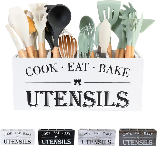 Utensil Holder,Extra Large Wooden Utensil Holder For Kitchen Counter,Cooking Spatula Organizer,Big Storage Caddy With 4 Compartments Flatware Spoon Tool Cutlery（White）